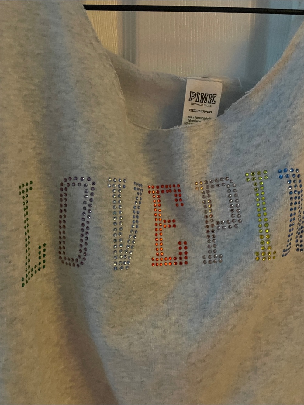 PINK Victoria's Secret Gray Sweatshirt with Multicolor Rhinestone 'LOVE PINK' XL - Picture 3 of 5
